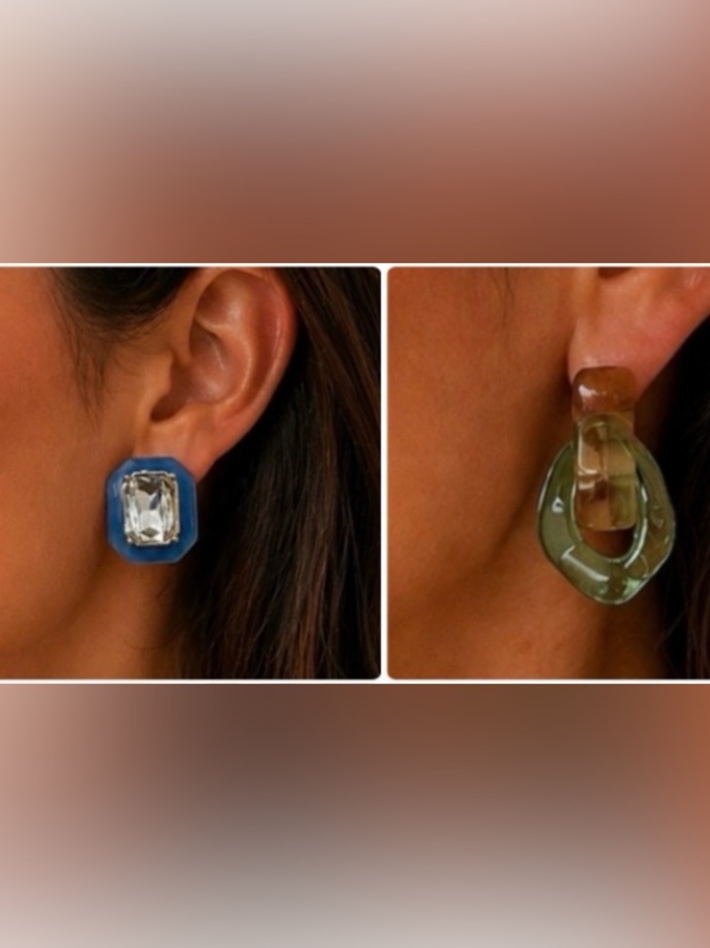 Plunder Set of 2 Resin Earrings. Blue Crystal Square. Green + Amber Hoop Drop.